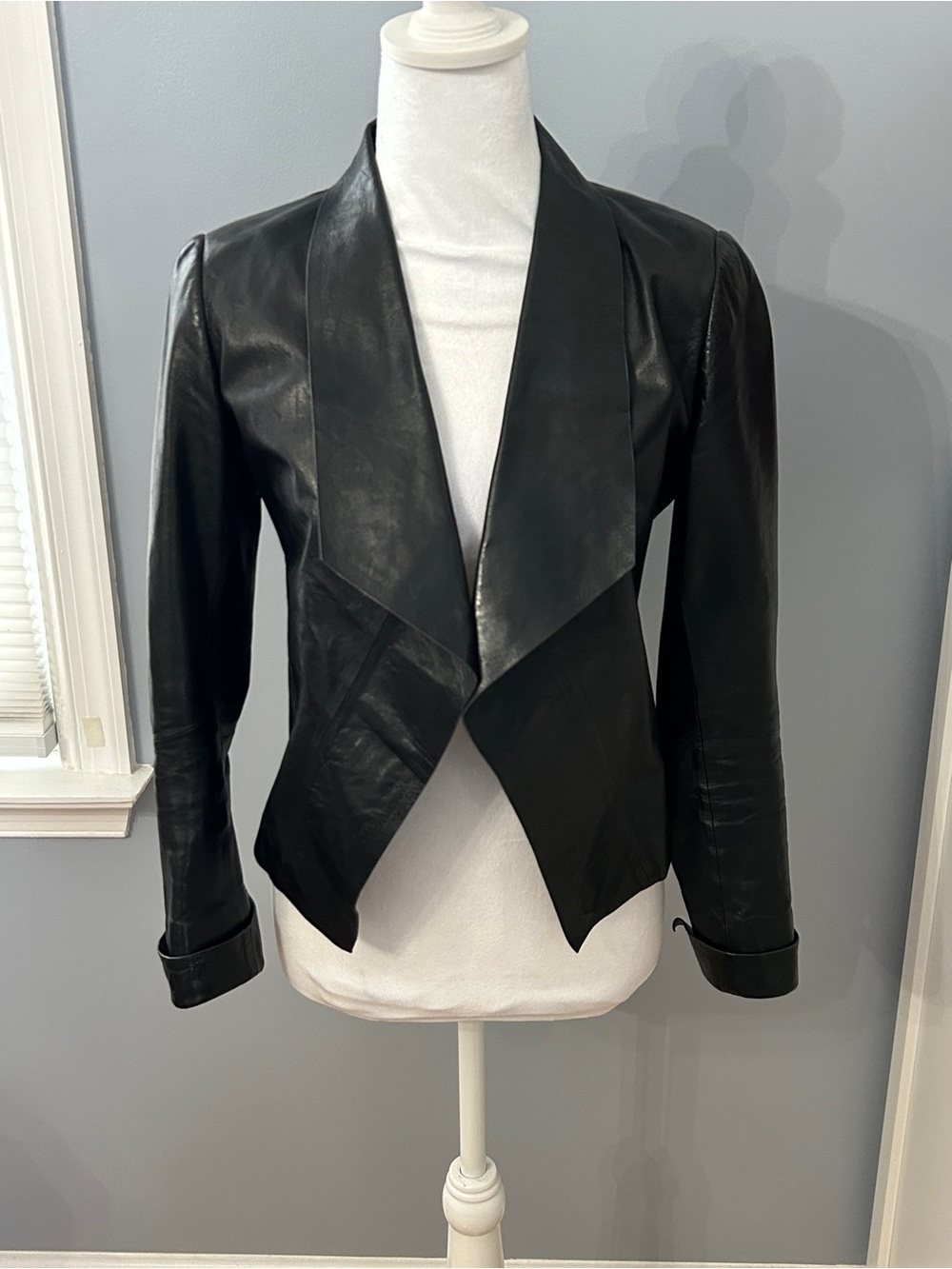 Lafayette 148 New York Black 100% Leather Jacket Size P Draped Open Front